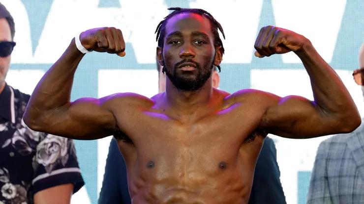 Terence Crawford, a welterweight undisputed champion, poses on the scale after his official weigh-in at LA Live on August 2, 2024 in Los Angeles, California. Crawford and Madrimov will fight for the super-welterweight title on Saturday August 3, 2024 at BMO Stadium in Los Angeles, California.