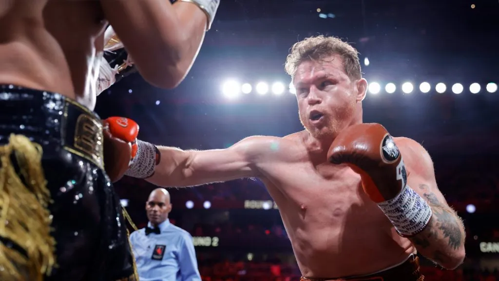 WBC/WBA/WBO super middleweight champion Canelo Alvarez punches Edgar Berlanga during the second round of a title fight at T-Mobile Arena on September 14, 2024 in Las Vegas, Nevada. (Photo by Steve Marcus/Getty Images)