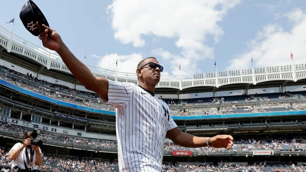Former New York Yankee Alex Rodriguez is introduced during the teams Old Timer’s Day prior to a game against the Colorado Rockies at Yankee Stadium on August 24, 2024 in New York City. (Photo by Jim McIsaac/Getty Images)
