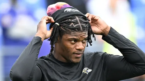 Lamar Jackson #8 of the Baltimore Ravens warms up prior to a game against the Detroit Lions at M&T Bank Stadium on October 22, 2023 in Baltimore, Maryland.