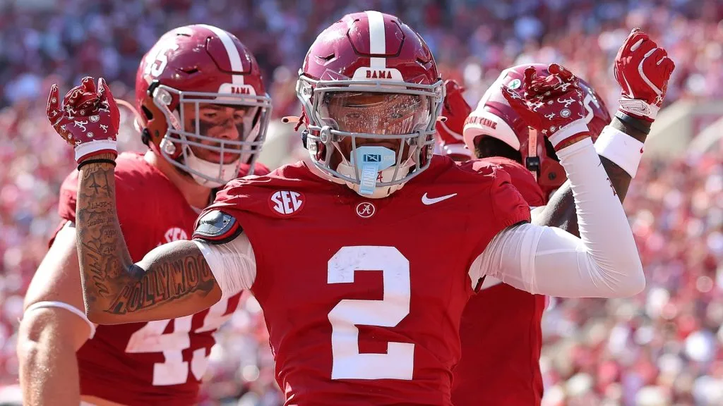 Ryan Williams #2 of the Alabama Crimson Tide reacts after a touchdown reception to Germie Bernard #5 against the South Carolina Gamecocks during the fourth quarter at Bryant-Denny Stadium on October 12, 2024 in Tuscaloosa, Alabama.