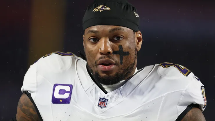 Derrick Henry #22 of the Baltimore Ravens looks on prior to the game against the Buffalo Bills during the AFC Divisional Playoff at Highmark Stadium on January 19, 2025 in Orchard Park, New York.