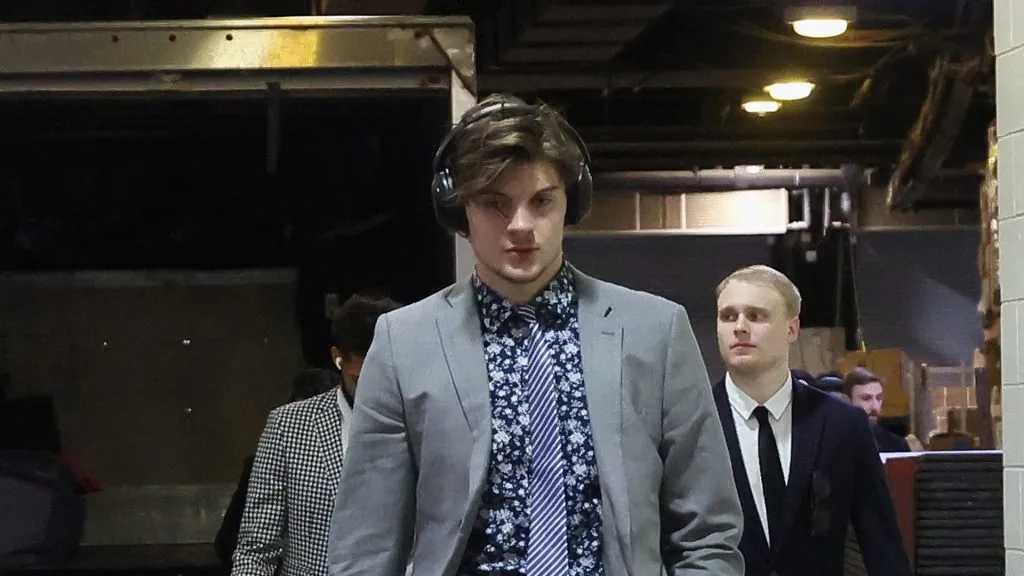 Matt Rempe #73 of the New York Rangers arrives for the game against the Carolina Hurricanes prior to Game Four of Round Two of the 2024 Stanley Cup Playoffs at PNC Arena on May 11, 2024 in Raleigh, North Carolina.