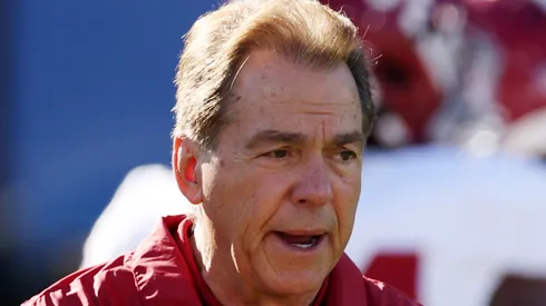 Head coach Nick Saban of the Alabama Crimson Tide looks on before the CFP Semifinal Rose Bowl Game against the Michigan Wolverines at Rose Bowl Stadium on January 01, 2024 in Pasadena, California.
