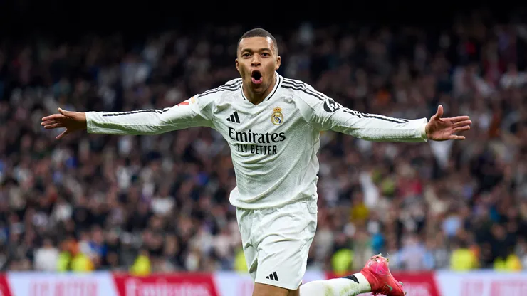 Kylian Mbappe of Real Madrid celebrates after scoring