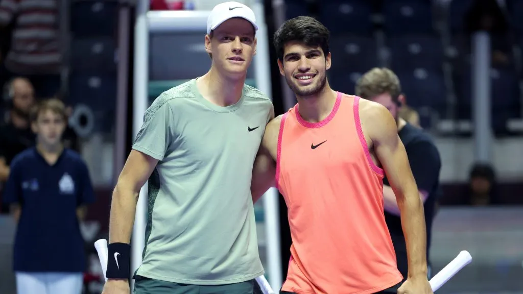 Jannik Sinner of Italy (left) and Carlos Alcaraz of Spain pose for a photo together ahead of their Men’s Singles Final match on day three of the Six Kings Slam 2024.