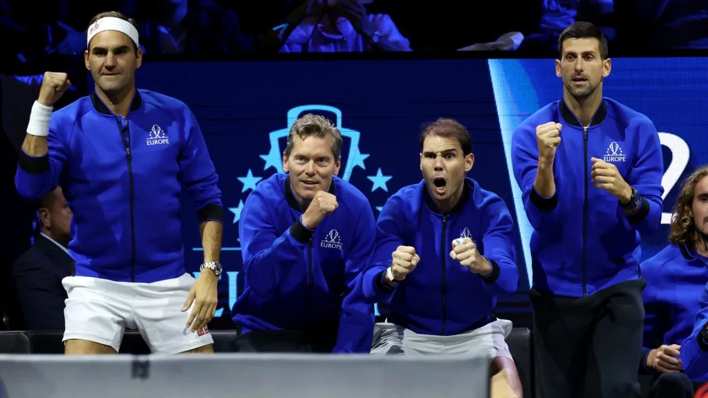 Roger Federer,t, Rafael Nadal and Novak Djokovic of Team Europe show their support from the team (Clive Brunskill/Getty Images for Laver Cup)