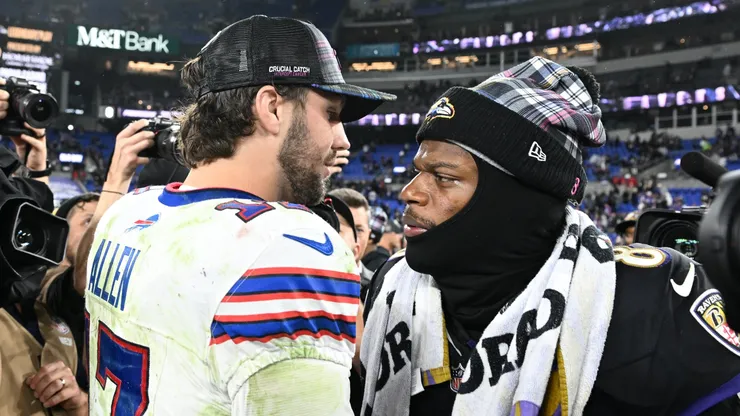 Josh Allen #17 of the Buffalo Bills and Lamar Jackson #8 of the Baltimore Ravens embrace after the game at M&T Bank Stadium on September 29, 2024 in Baltimore, Maryland.