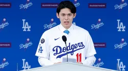 Pitcher Roki Sasaki speaks to the media during a Los Angeles Dodgers press conference at Dodger Stadium on January 22, 2025 in Los Angeles, California.