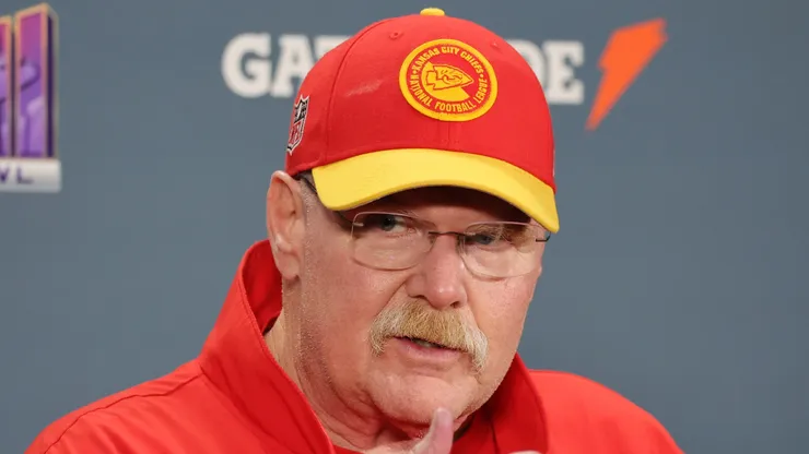 Head coach Andy Reid of the Kansas City Chiefs speaks with the media after the Kansas City Chiefs defeated the San Francisco 49ers 25-22 in overtime during Super Bowl LVIII at Allegiant Stadium on February 11, 2024 in Las Vegas, Nevada.