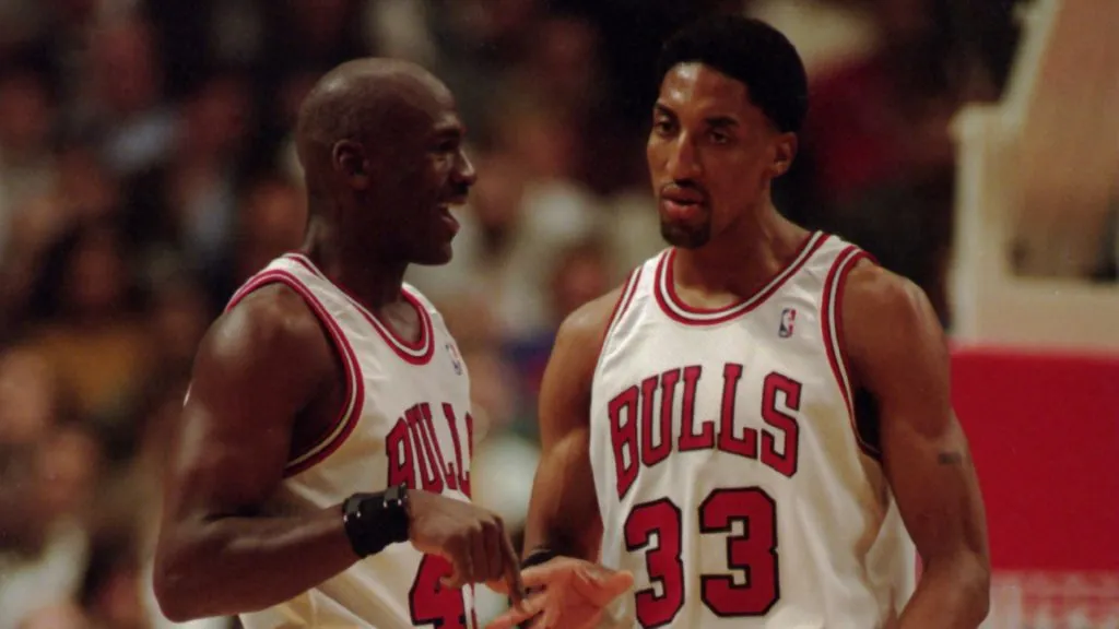 Guard Michael Jordan #45 of the Chicago Bulls celebrates with foward Scottie Pippen during the Bulls 103-80 win over the Charolette Hornets. (Getty Images)