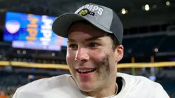 Riley Leonard #13 of the Notre Dame Fighting Irish celebrates after defeating the Penn State Nittany Lions 27-24 in the Capital One Orange Bowl at Hard Rock Stadium on January 09, 2025 in Miami Gardens, Florida.