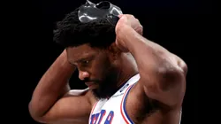 Joel Embiid #21 of the Philadelphia 76ers reacts against the Brooklyn Nets at Barclays Center.
