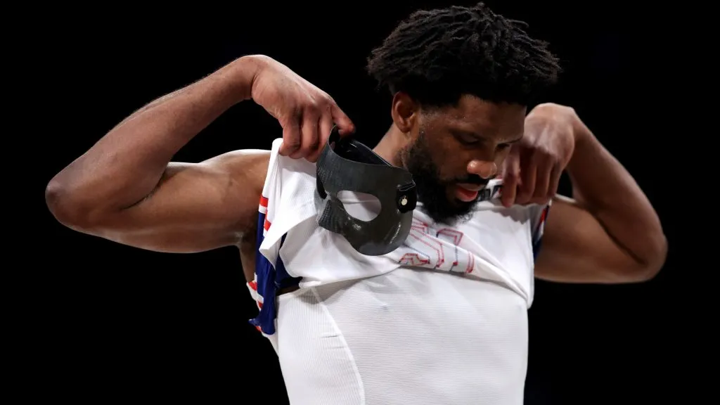 Joel Embiid #21 of the Philadelphia 76ers reacts against the Brooklyn Nets during the second quarter at Barclays Center. (Luke Hales/Getty Images)