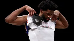 Joel Embiid #21 of the Philadelphia 76ers reacts against the Brooklyn Nets on January 04, 2025.