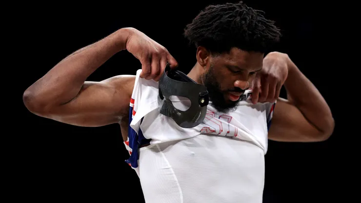 Joel Embiid #21 of the Philadelphia 76ers reacts against the Brooklyn Nets on January 04, 2025.