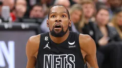 Kevin Durant #7 of the Brooklyn Nets reacts against the Chicago Bulls during the first half at United Center