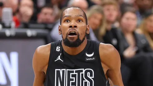 Kevin Durant #7 of the Brooklyn Nets reacts against the Chicago Bulls during the first half at United Center