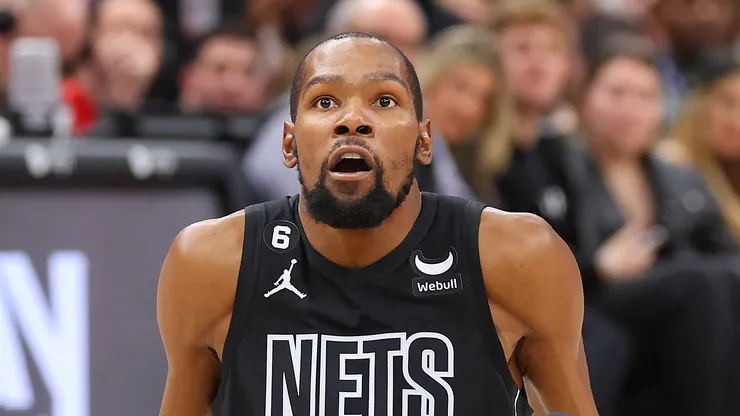 Kevin Durant #7 of the Brooklyn Nets reacts against the Chicago Bulls during the first half at United Center
