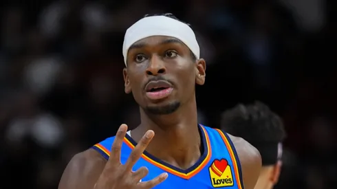 Shai Gilgeous-Alexander #2 of the Oklahoma City Thunder celebrates scoring a three-pointer
