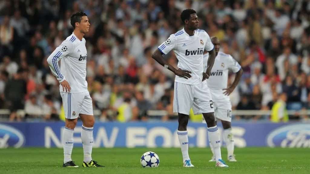 Cristiano Ronaldo (left) and Emmanuel Adebayor (right) playing for Real Madrid (Jasper Juinen/Getty Images)
