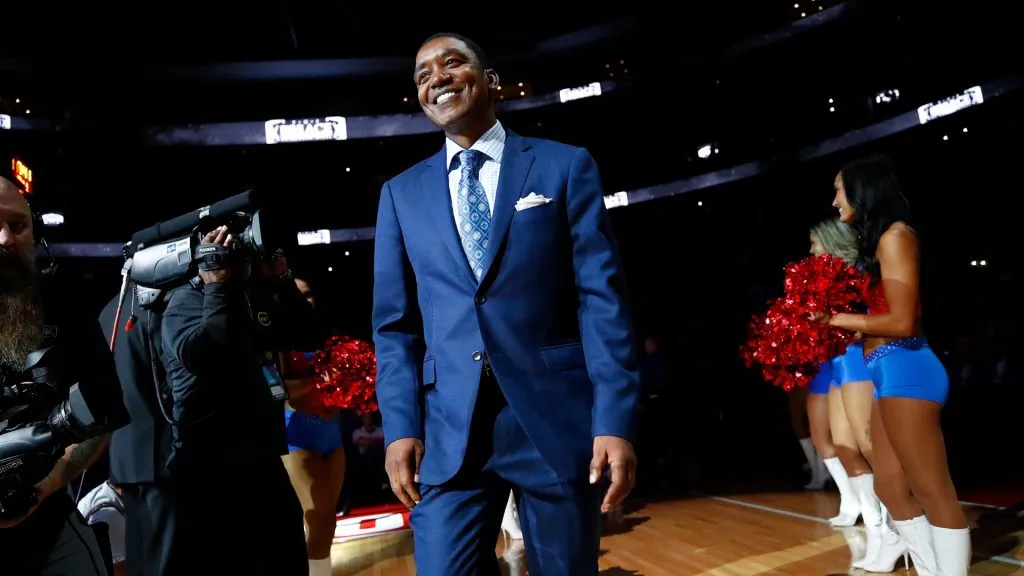 Chicago-born Isiah Thomas take the floor for a halftime ceremony at the final NBA game between the Detroit Pistons and Washington Wizards on April 10, 2017.