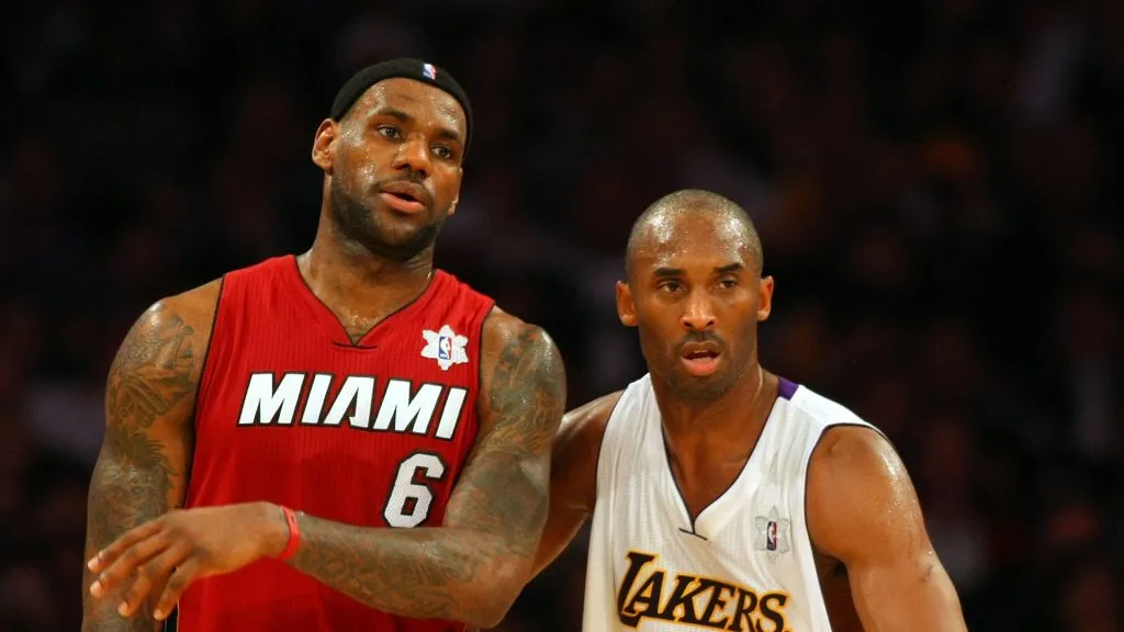 Kobe Bryant #24 of the Los Angeles Lakers defends LeBron James #6 of the Miami Heat during the NBA
