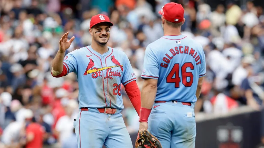 Nolan Arenado #28 and Paul Goldschmidt #46 of the St. Louis Cardinals celebrate after defeating the New York Yankees at Yankee Stadium on August 31, 2024 in New York City. (Photo by Jim McIsaac/Getty Images)