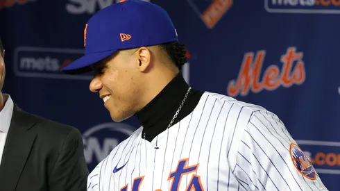 Juan Soto during his introductory press conference at Citi Field on December 12, 2024 in New York City.