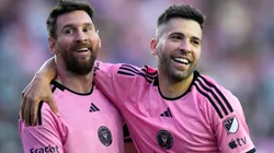 Lionel Messi #10 of Inter Miami CF celebrates with Jordi Alba #18