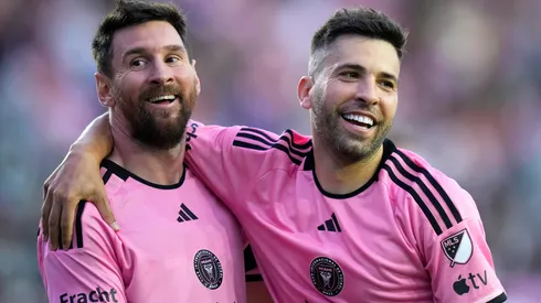 Lionel Messi #10 of Inter Miami CF celebrates with Jordi Alba #18