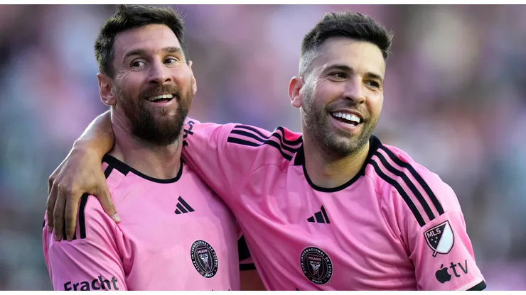 Lionel Messi #10 of Inter Miami CF celebrates with Jordi Alba #18