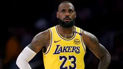 LeBron James #23 of the Los Angeles Lakers reacts during a 117-108 Lakers win over the Miami Heat at Crypto.com Arena.