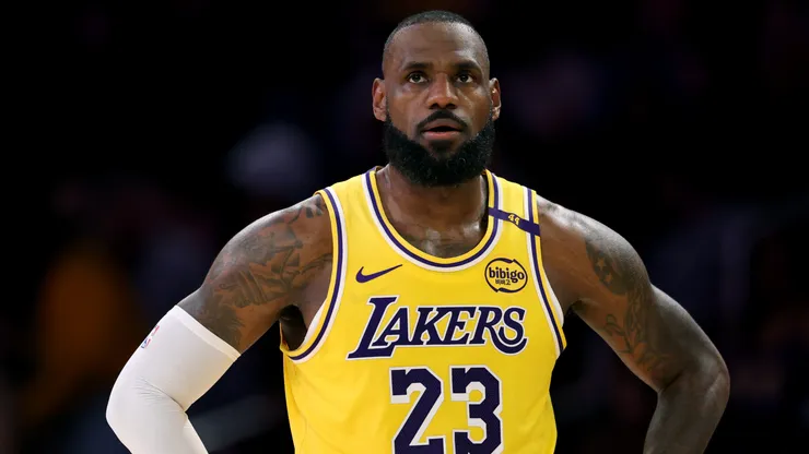 LeBron James #23 of the Los Angeles Lakers reacts during a 117-108 Lakers win over the Miami Heat at Crypto.com Arena.