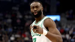Jaylen Brown #7 of the Boston Celtics reacts to a play during the second quarter against the Los Angeles Clippers.