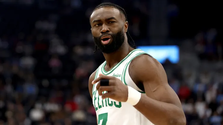 Jaylen Brown #7 of the Boston Celtics reacts to a play during the second quarter against the Los Angeles Clippers.