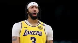 Anthony Davis #3 of the Los Angeles Lakers reacts during a 117-108 Lakers win over the Miami Heat at Crypto.com Arena on January 15, 2025 in Los Angeles, California.