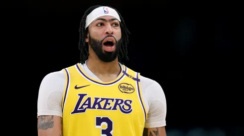 Anthony Davis #3 of the Los Angeles Lakers reacts during a 117-108 Lakers win over the Miami Heat at Crypto.com Arena on January 15, 2025 in Los Angeles, California.