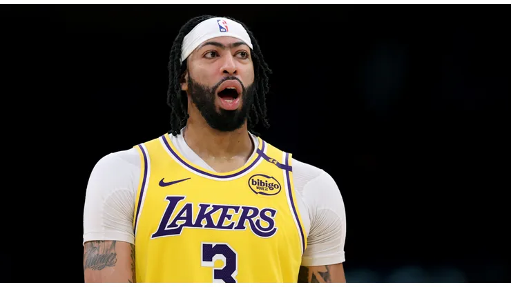 Anthony Davis #3 of the Los Angeles Lakers reacts during a 117-108 Lakers win over the Miami Heat at Crypto.com Arena on January 15, 2025 in Los Angeles, California.
