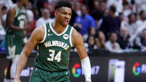 Giannis Antetokounmpo #34 of the Milwaukee Bucks reacts during the third quarter against the Miami Heat in Game Four of the Eastern Conference First Round Playoffs at Kaseya Center on April 24, 2023 in Miami, Florida.