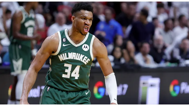 Giannis Antetokounmpo #34 of the Milwaukee Bucks reacts during the third quarter against the Miami Heat in Game Four of the Eastern Conference First Round Playoffs at Kaseya Center on April 24, 2023 in Miami, Florida.