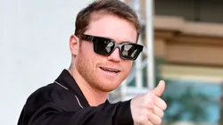 WBC/WBA/WBO super middleweight champion Canelo Alvarez gives a thumbs up as he leaves a ceremonial weigh-in in Toshiba Plaza at T-Mobile Arena on September 13, 2024 in Las Vegas, Nevada. Alvarez is scheduled to defend his titles against Berlanga at the arena September 14.