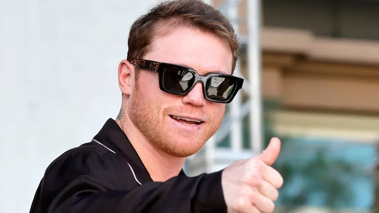 WBC/WBA/WBO super middleweight champion Canelo Alvarez gives a thumbs up as he leaves a ceremonial weigh-in in Toshiba Plaza at T-Mobile Arena on September 13, 2024 in Las Vegas, Nevada. Alvarez is scheduled to defend his titles against Berlanga at the arena September 14.