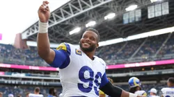 Aaron Donald #99 of the Los Angeles Rams celebrates during the second half against the Seattle Seahawks at Lumen Field on September 10, 2023 in Seattle, Washington.
