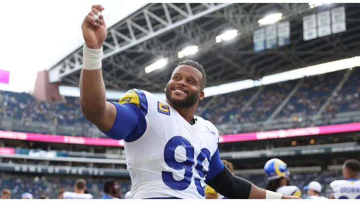 Aaron Donald #99 of the Los Angeles Rams celebrates during the second half against the Seattle Seahawks at Lumen Field on September 10, 2023 in Seattle, Washington.