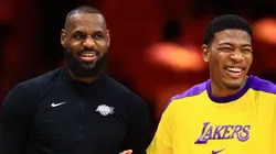 LeBron James #23 of the Los Angeles Lakers warms up alongside Rui Hachimura #28 prior to facing the Miami Heat at Kaseya Center on December 04, 2024 in Miami, Florida.