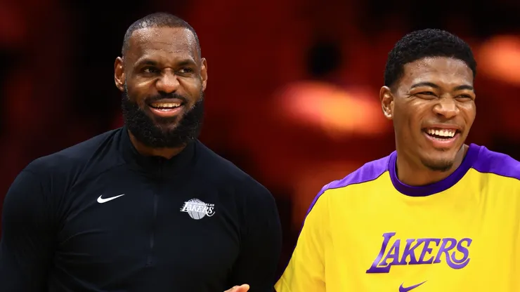 LeBron James #23 of the Los Angeles Lakers warms up alongside Rui Hachimura #28 prior to facing the Miami Heat at Kaseya Center on December 04, 2024 in Miami, Florida.