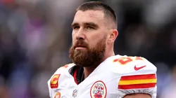 Travis Kelce #87 of the Kansas City Chiefs warms up prior to the AFC Championship Game against the Baltimore Ravens at M&T Bank Stadium on January 28, 2024 in Baltimore, Maryland.
