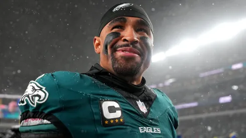 Jalen Hurts #1 of the Philadelphia Eagles reacts after defeating the Los Angeles Rams 28-22 in the NFC Divisional Playoff at Lincoln Financial Field on January 19, 2025 in Philadelphia, Pennsylvania.