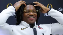 Jeremiah Smith #4 of the Ohio State Buckeyes speaks to the media during the Ohio State Buckeyes media day at the Georgia World Congress Center prior to the 2025 CFP National Championship between the Ohio State Buckeyes and Notre Dame Fighting Irish on January 18, 2025 in Atlanta, Georgia.